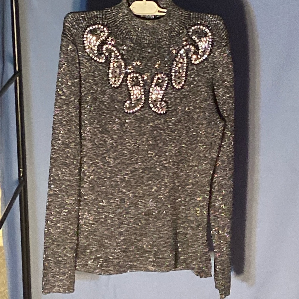 Sweater Top Grey Sequin Paisley Pattern
